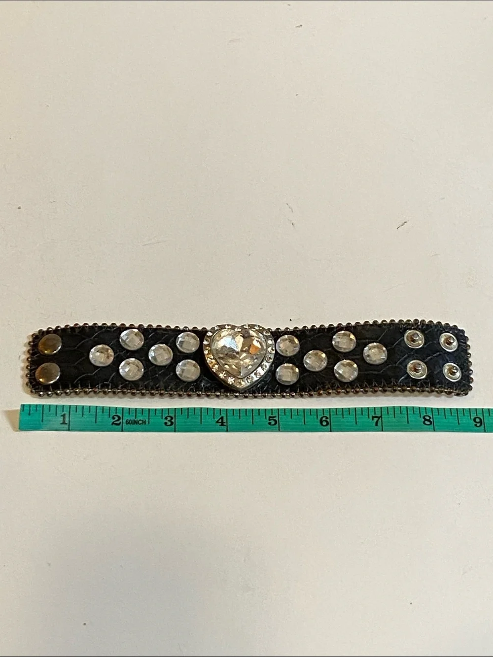 Heart Faux Crystal Studded Leather Cuff Bracelet - Black with Clear Gems Unisex